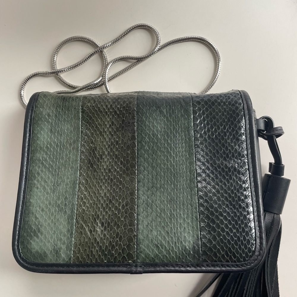 AllSaints green crocodile leather silver crossbody chain bag